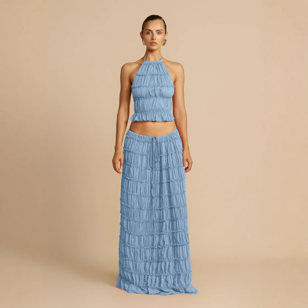 Maxi dress for women with gathered bodice and elegant cut at the waist Chic & Stil