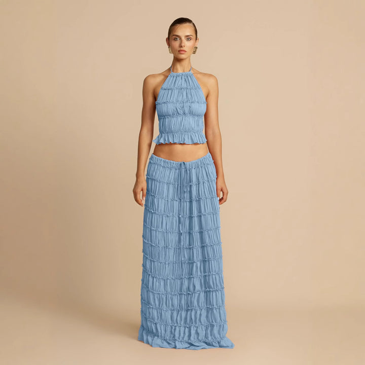 Maxi dress for women with gathered bodice and elegant cut at the waist Chic & Stil