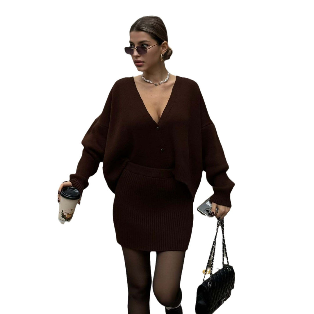 Knitted set for women with deep V-neck and button detail Lune London