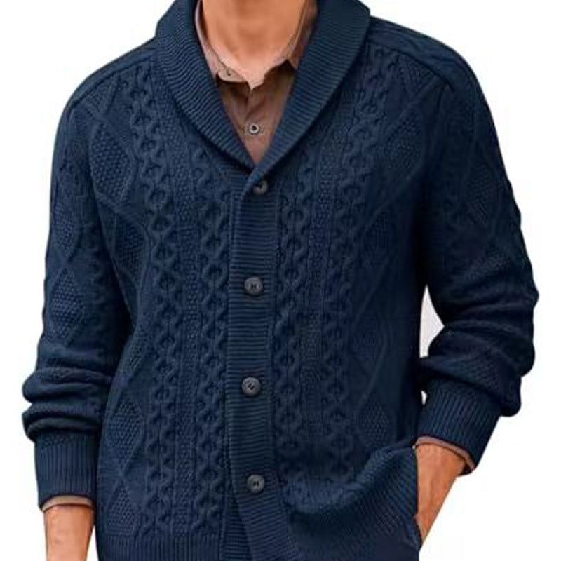 Men's knitted jacket with a clear braid pattern and a modern high collar Lune London
