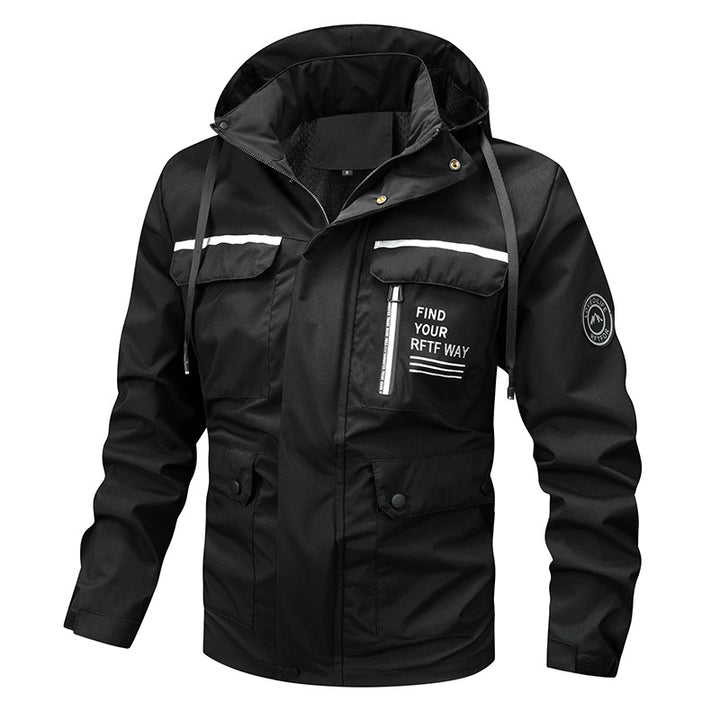 Multi-functional outdoor jacket for men with adjustable hood and reflective elements Lune London