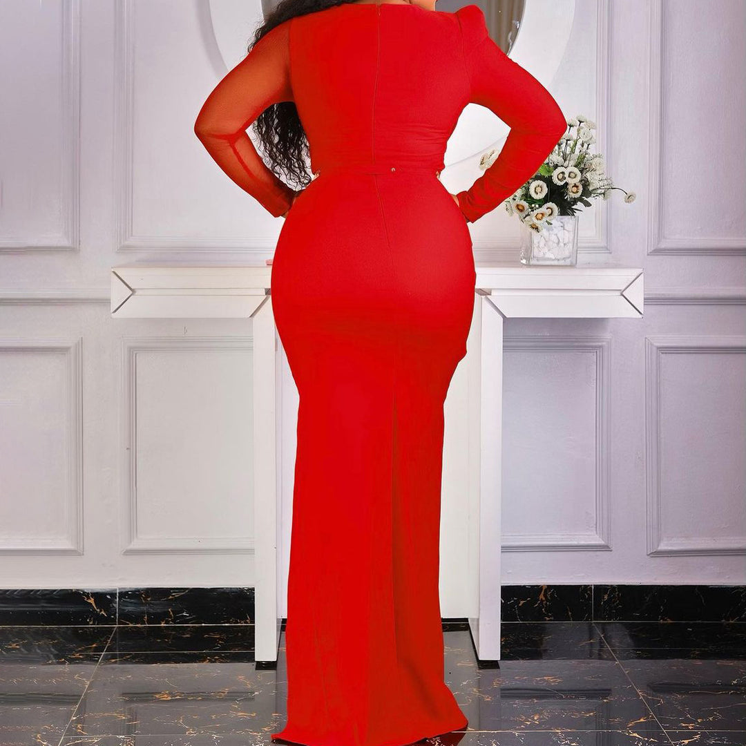 Ladies Elegant Maxi Dress with Crossed V-Neck and Chic Slit and Style