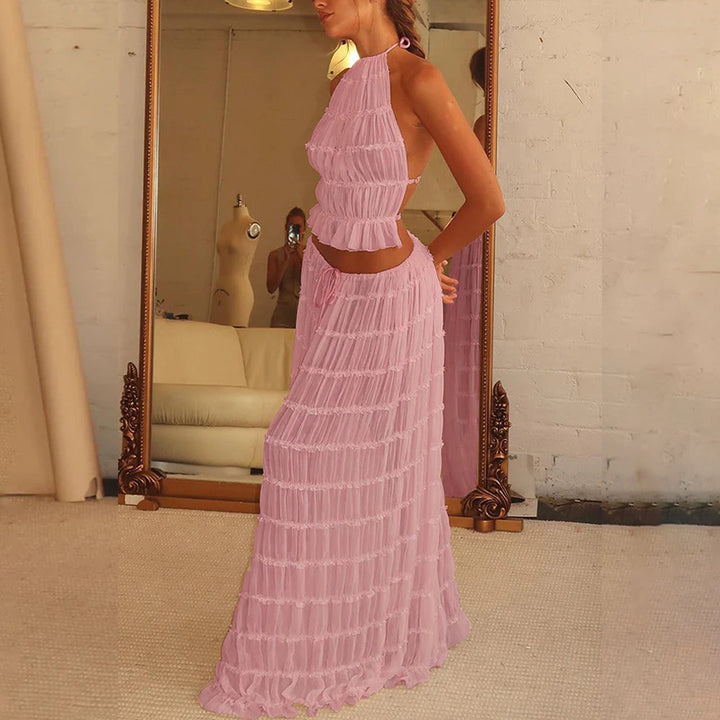Maxi skirt and crop-top set for women with a playful ruffled design Lune London