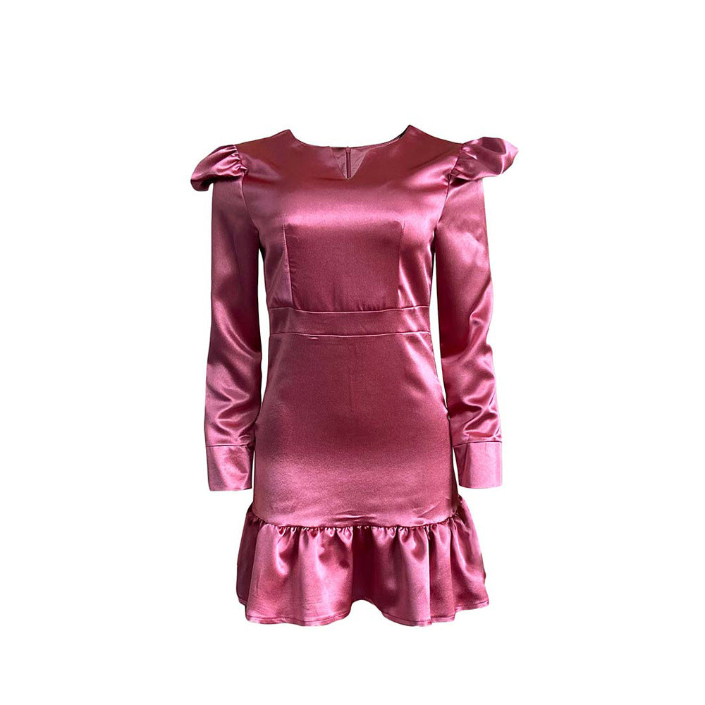 Shiny mini dress for women with puff sleeves and ruffled hem Lune London