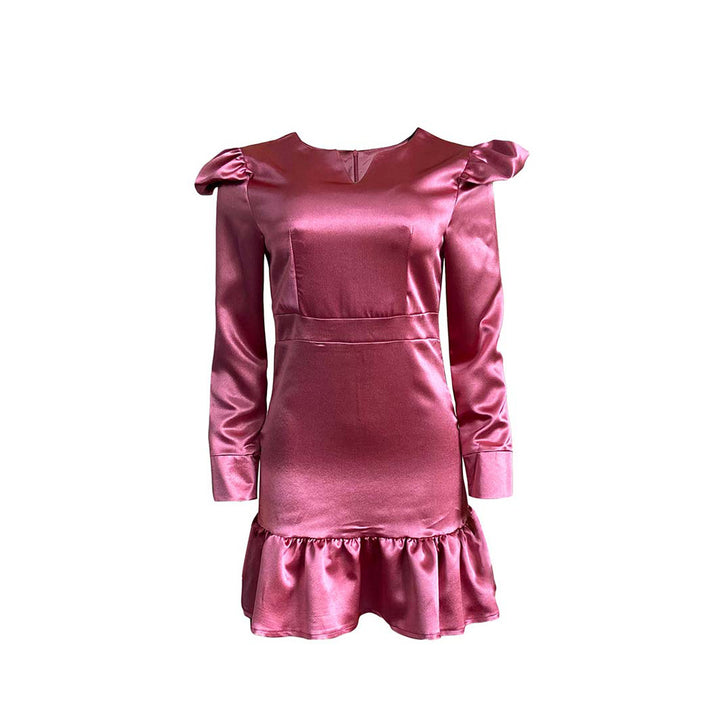 Shiny mini dress for women with puff sleeves and ruffled hem Lune London