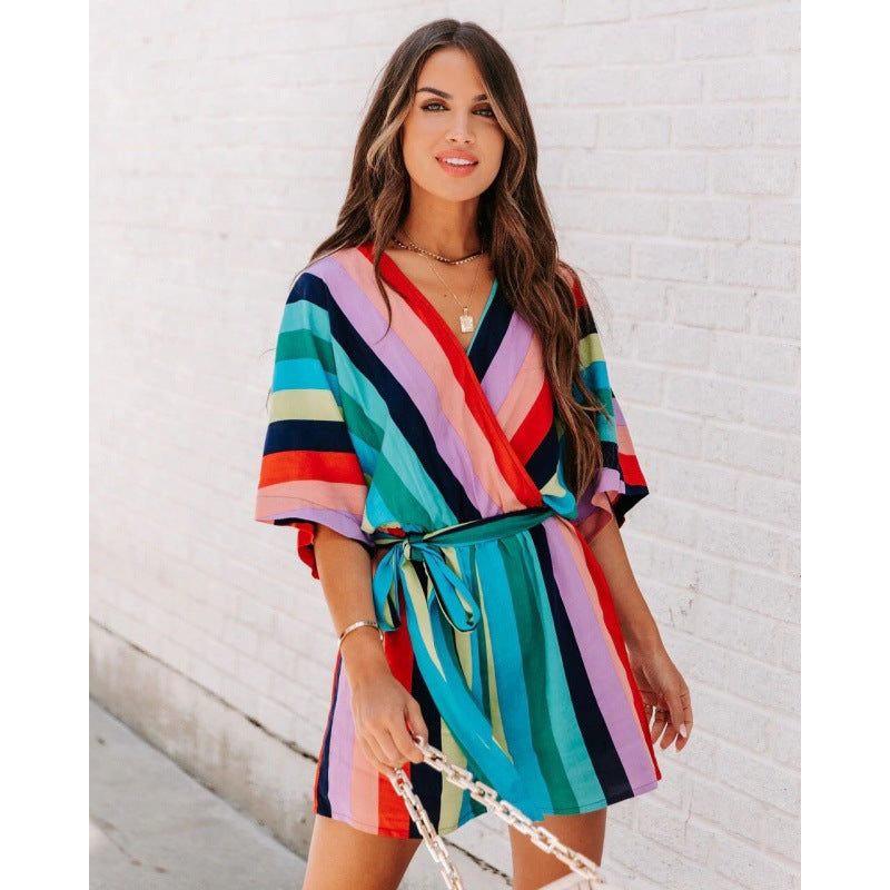 Striped wrap mini dress for women with adjustable belt Lune London