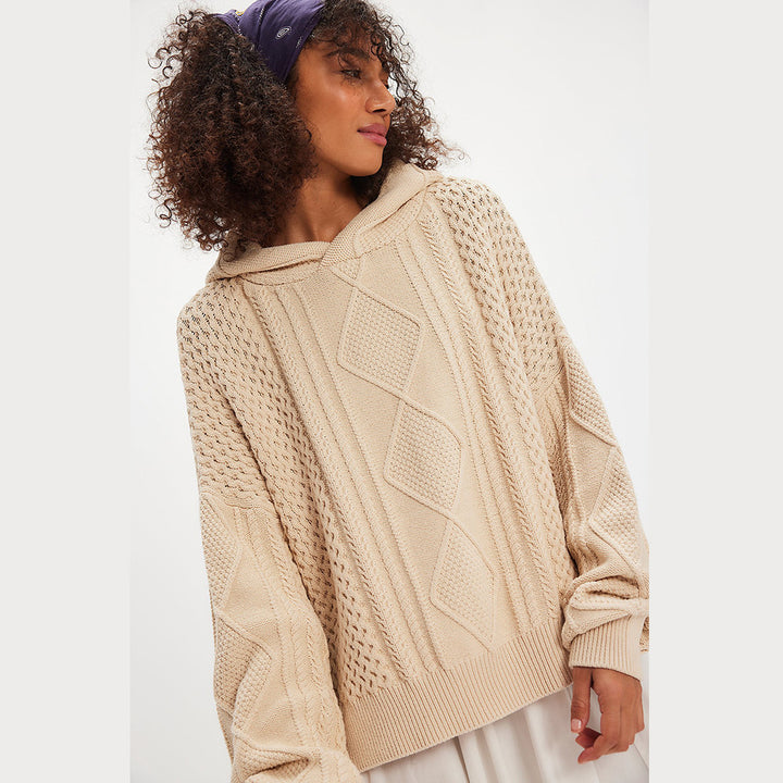 Ladies chunky knit hoodie with stylish braid pattern Lune London