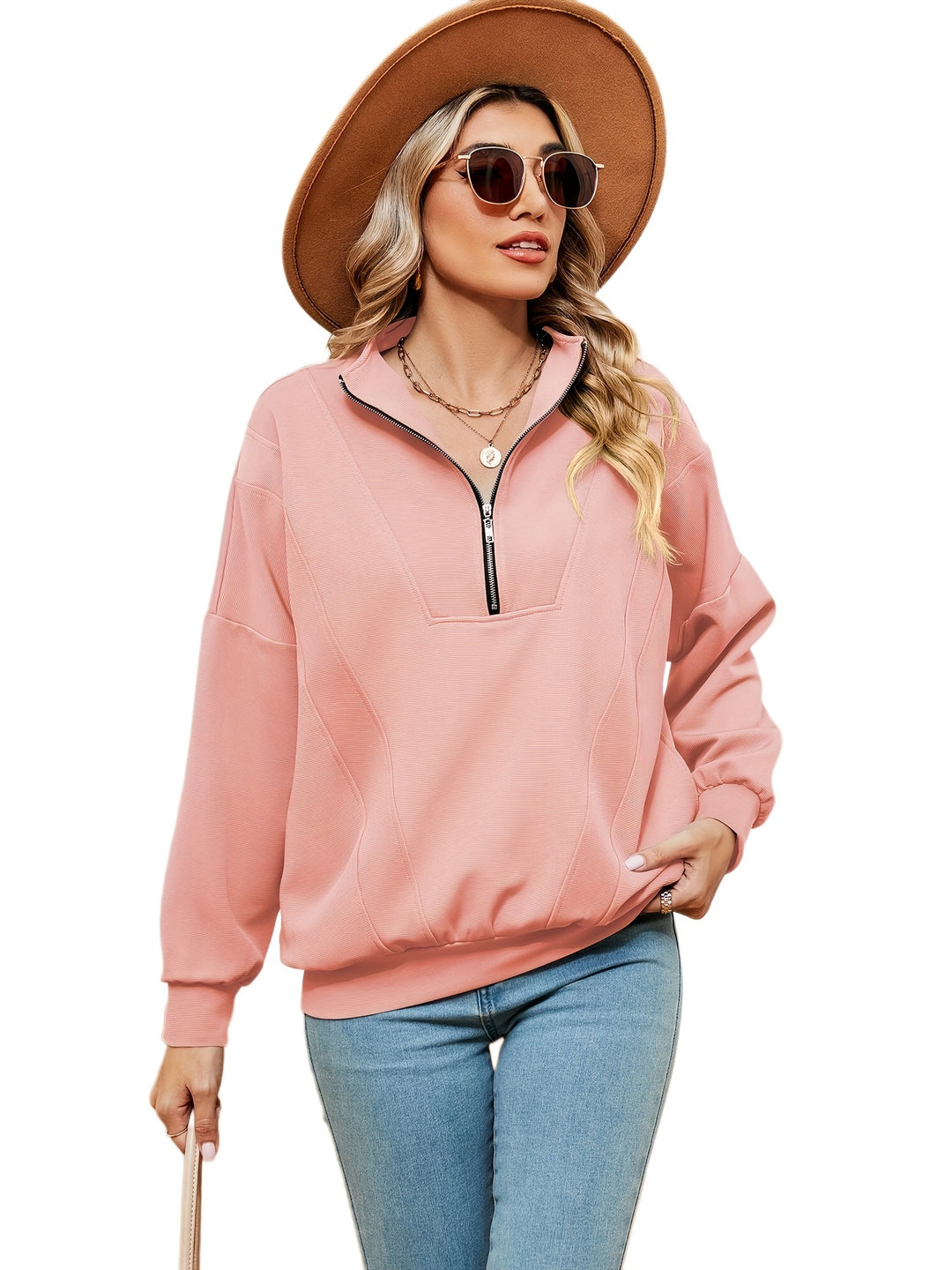 Women’s sweatshirt with half-zip and decorative seams Lune London