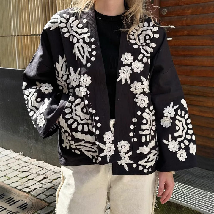 Ladies trendy kimono jacket with floral patterns and belt at the waist Lune London
