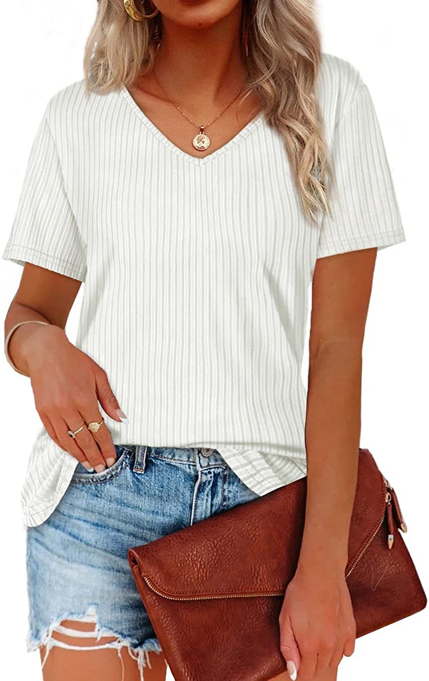 Viscose T-shirt for women with a fine ribbed knit pattern and a casual V-neck Lune London