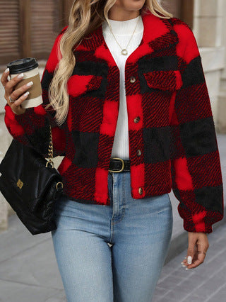 Ladies Plaid Plush Jacket with Soft Touch and Button Front Lune London