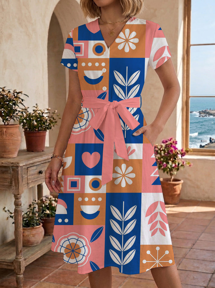 Women's Blooming Midi Dress with Adjustable Belt and Artistic Print Lune London