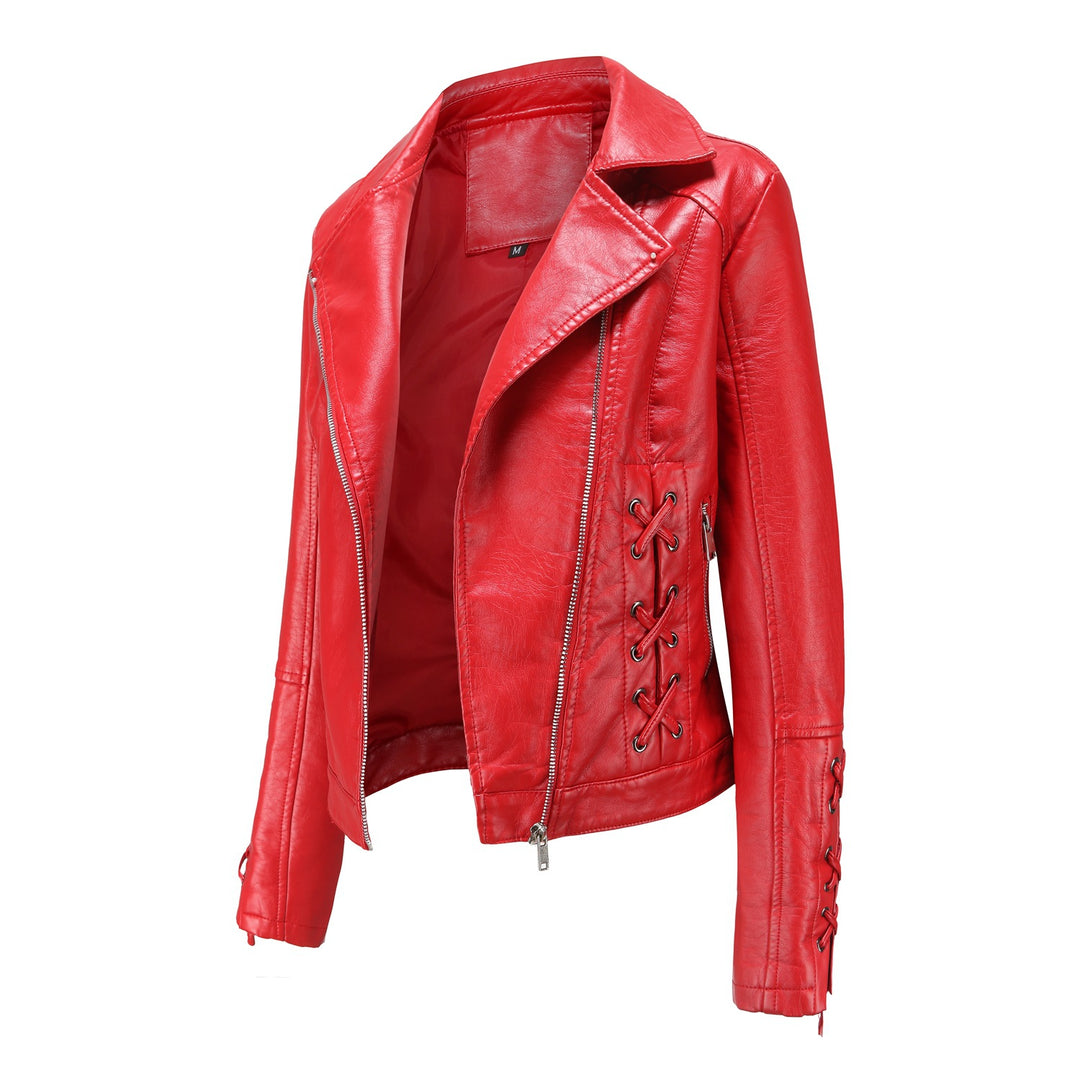 Ladies elegant biker jacket in faux leather with decorative lace details Lune London