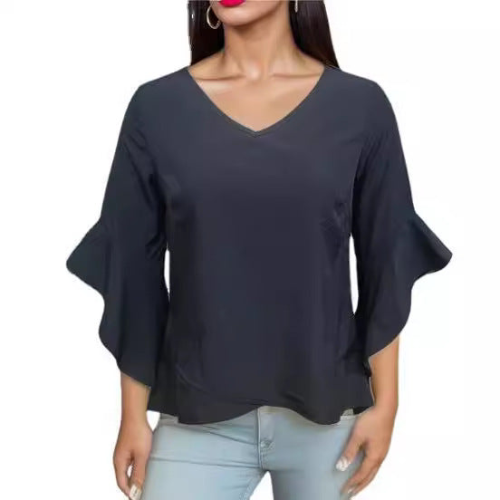 Women Elegant Blouse with Ruffle Details and Deep V-Neck Lune London