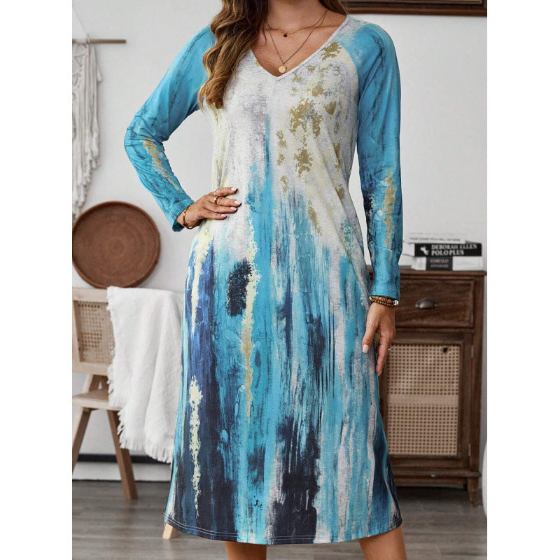 Long sleeve maxi dress for women with colorful abstract pattern Lune London