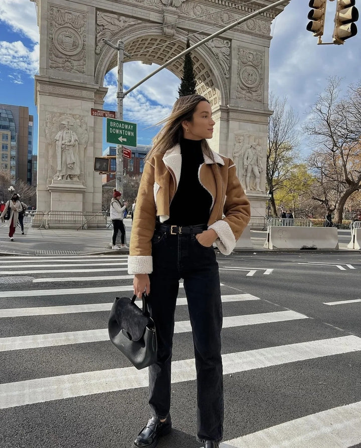 Ladies cropped synthetic leather jacket with comfortable teddy lining and practical pockets Lune London