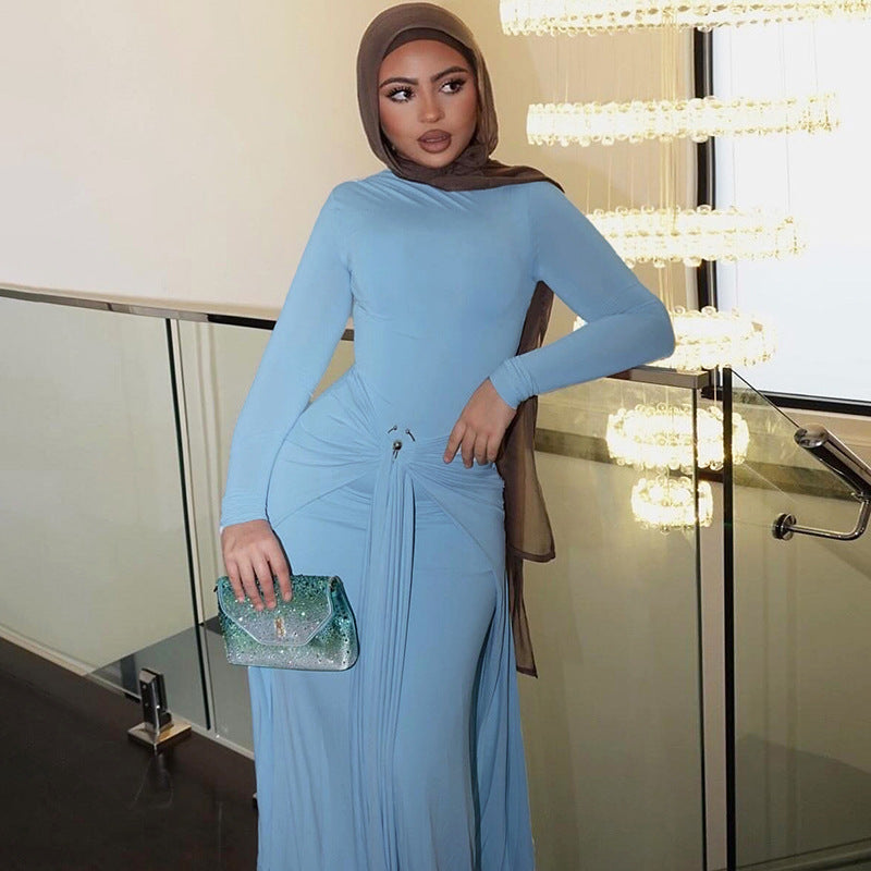 Ladies Elegant Maxi Dress with Draped Details and Chic Long Sleeve
