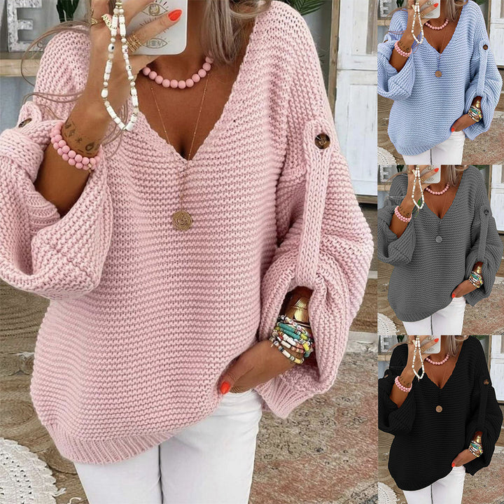 Ladies chunky knit sweater with V-neck Lune London