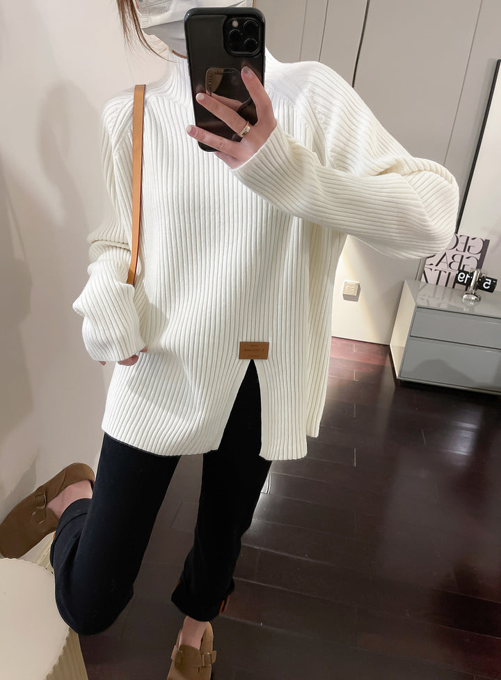 Ladies Modern Knit Sweater with High Collar and Chic Asymmetrical Cut