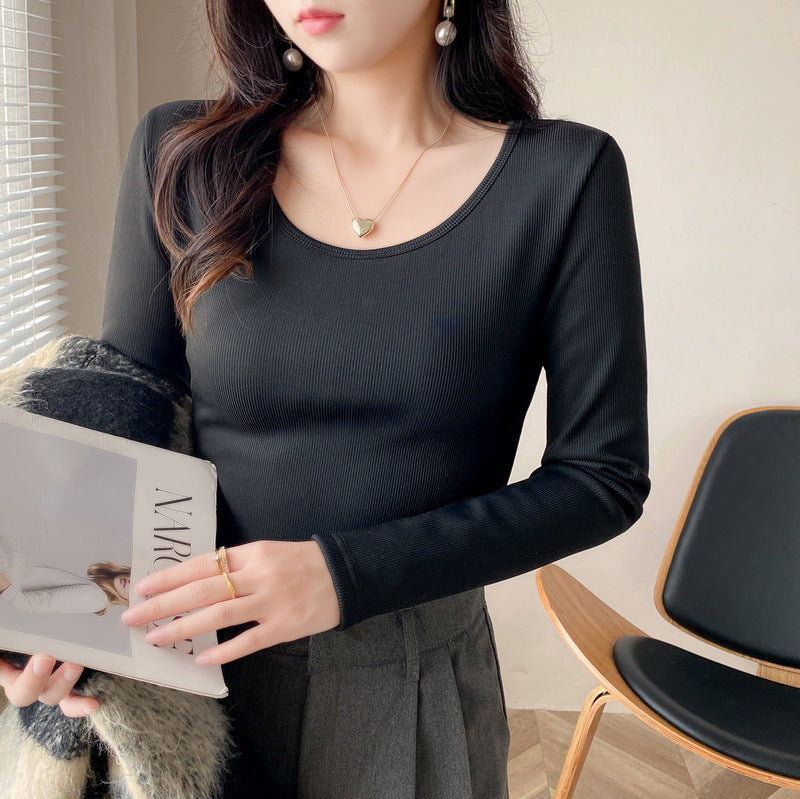 Ladies fashionable cropped long sleeve shirt with ribbed texture Chic & Stil