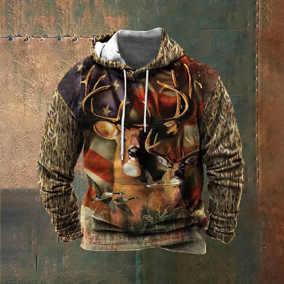 Hooded sweatshirt for men with impressive wild animal print and patriotic accents Lune London