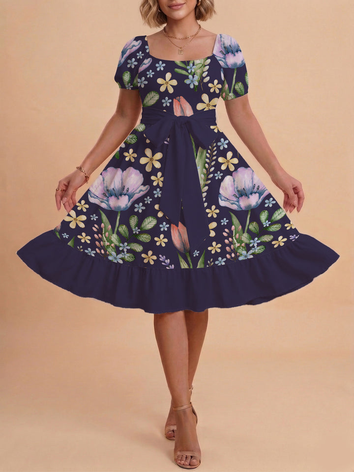 Women's floral dress with adjustable belt and voluminous sleeves Lune London