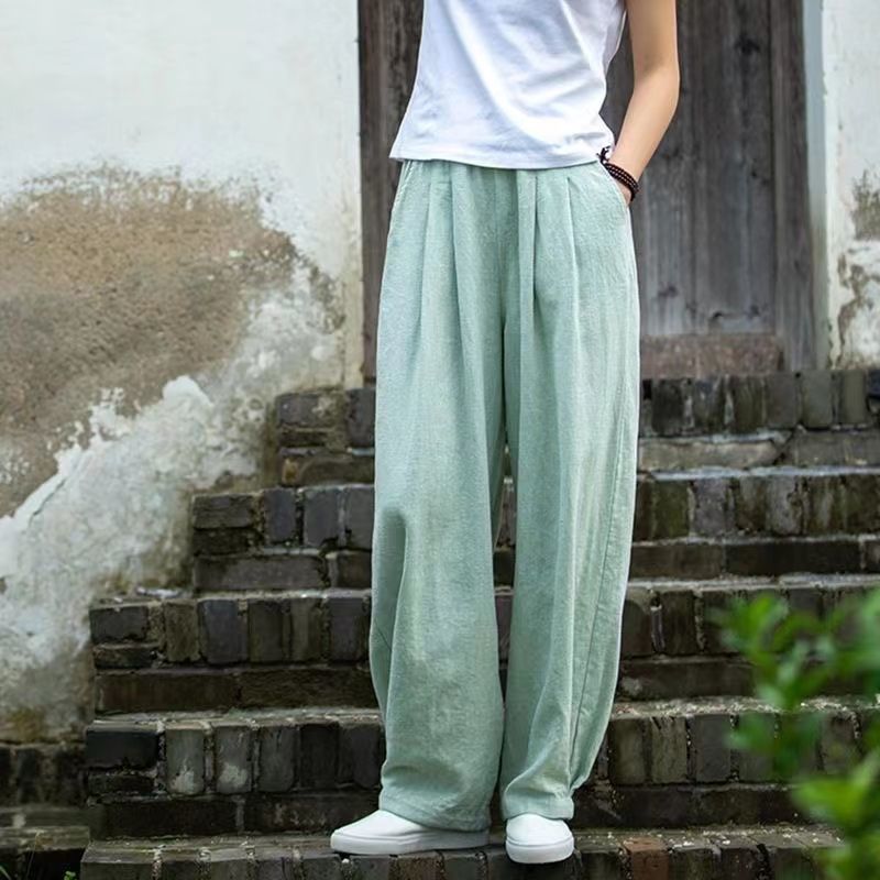 Wide linen pants for ladies with elastic waistband and side pockets Lune London