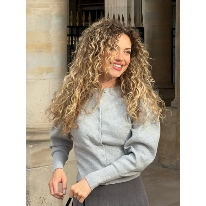 Trendy knit jacket for women with pleated sleeves and chic and stylish button details