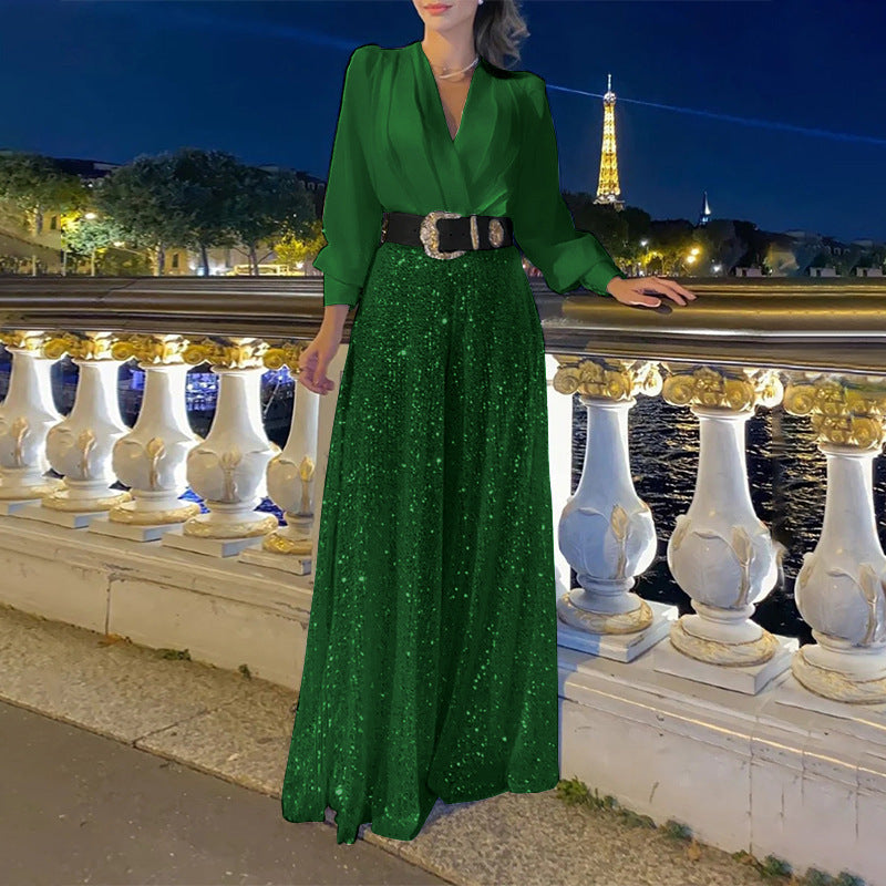 Glamorous evening dress for women with sparkling top and flared skirt Lune London