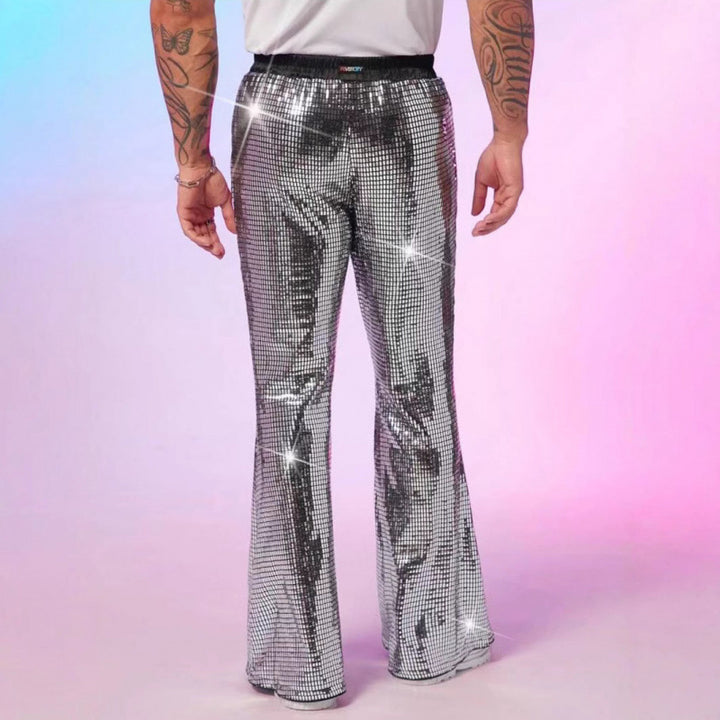 Men's glitter disco pants with wide leg and elastic waist Lune London