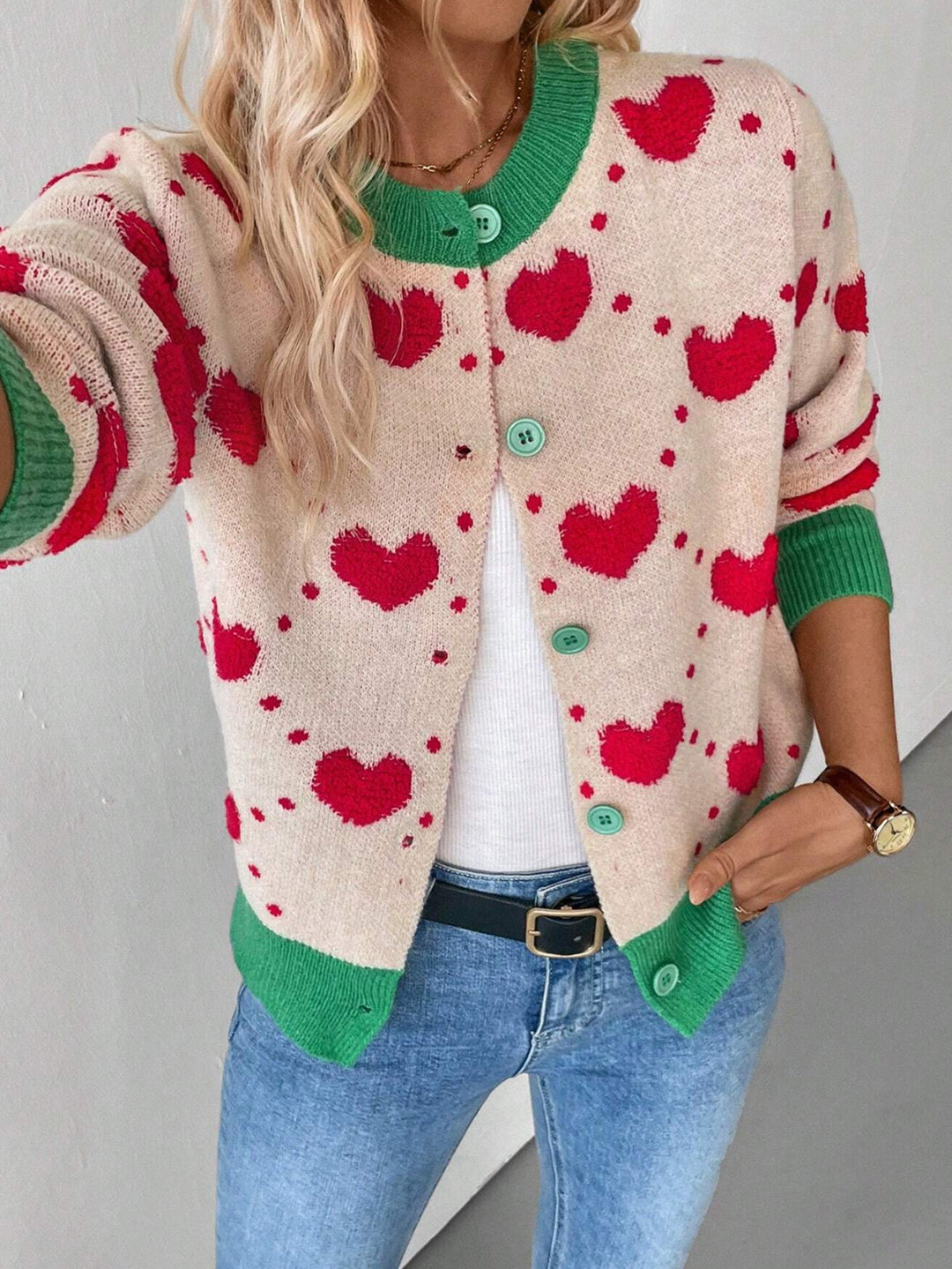 Women's knitted jacket with heart-shaped design and contrasting sleeves Lune London