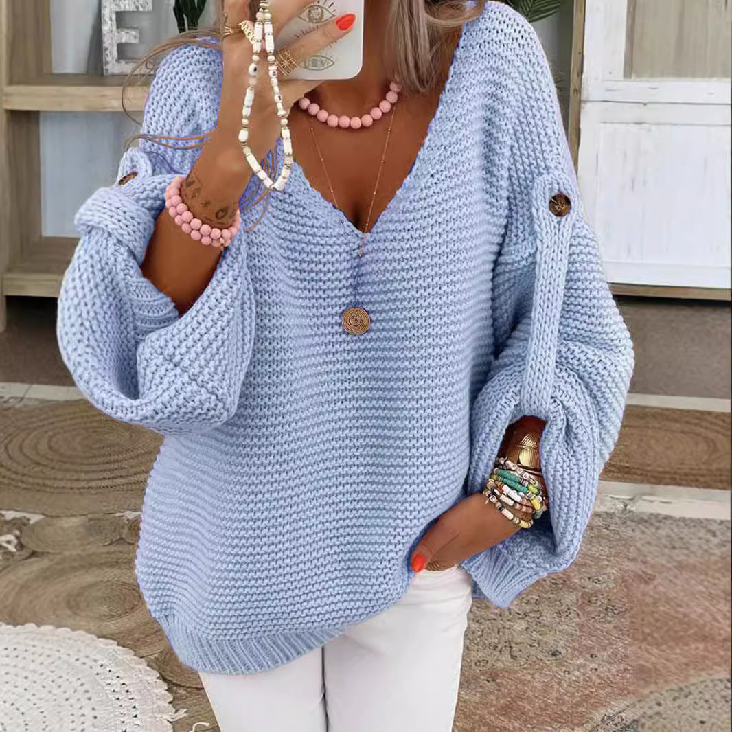 Ladies chunky knit sweater with V-neck Lune London