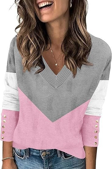 Trendy V-neck sweater for women with color block and button details Lune London