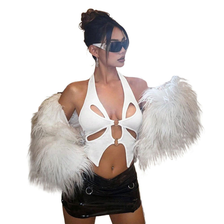 Short top cut for women with deep V-neck and decorative tie detail Chic & Stil