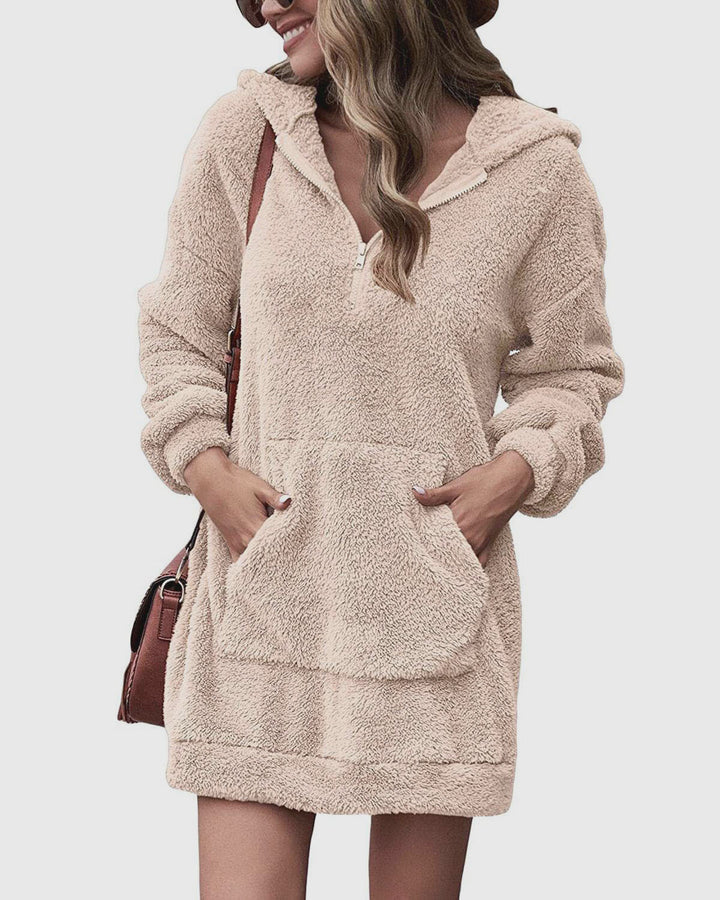 Cozy fleece dress for women with hood and pockets Lune London