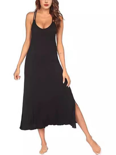 Maxi dress for women with fine spaghetti straps and side slits Lune London