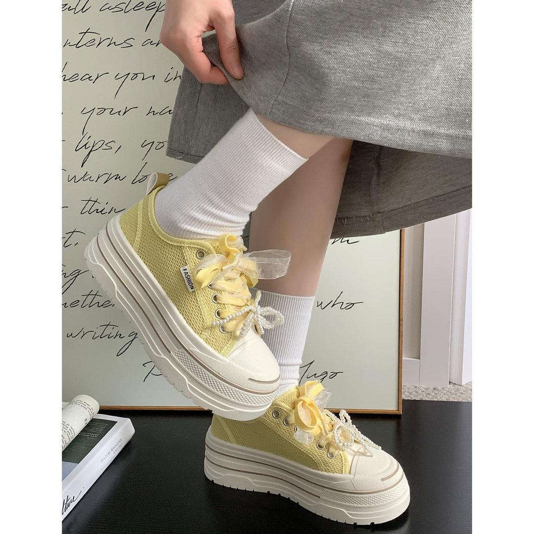Ladies Platform Sneakers with Fashionable Mesh Upper Material and Trendy Pearl Details Lune London