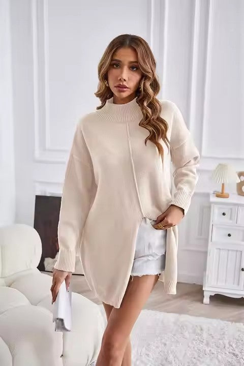 Chunky knit sweater for women with high neck and asymmetrical cut Lune London
