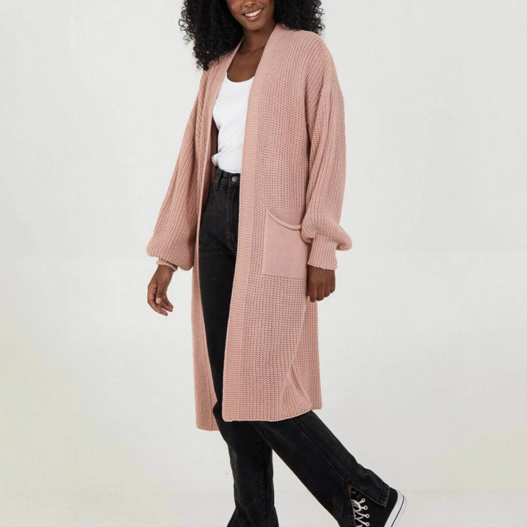 Ladies Long knitted cardigan with airy sleeves and an open front Lune London