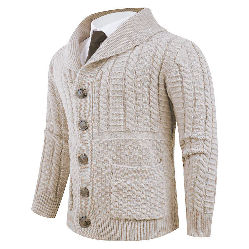 Men's knitted jacket with a modern shawl collar and practical buttons Lune London