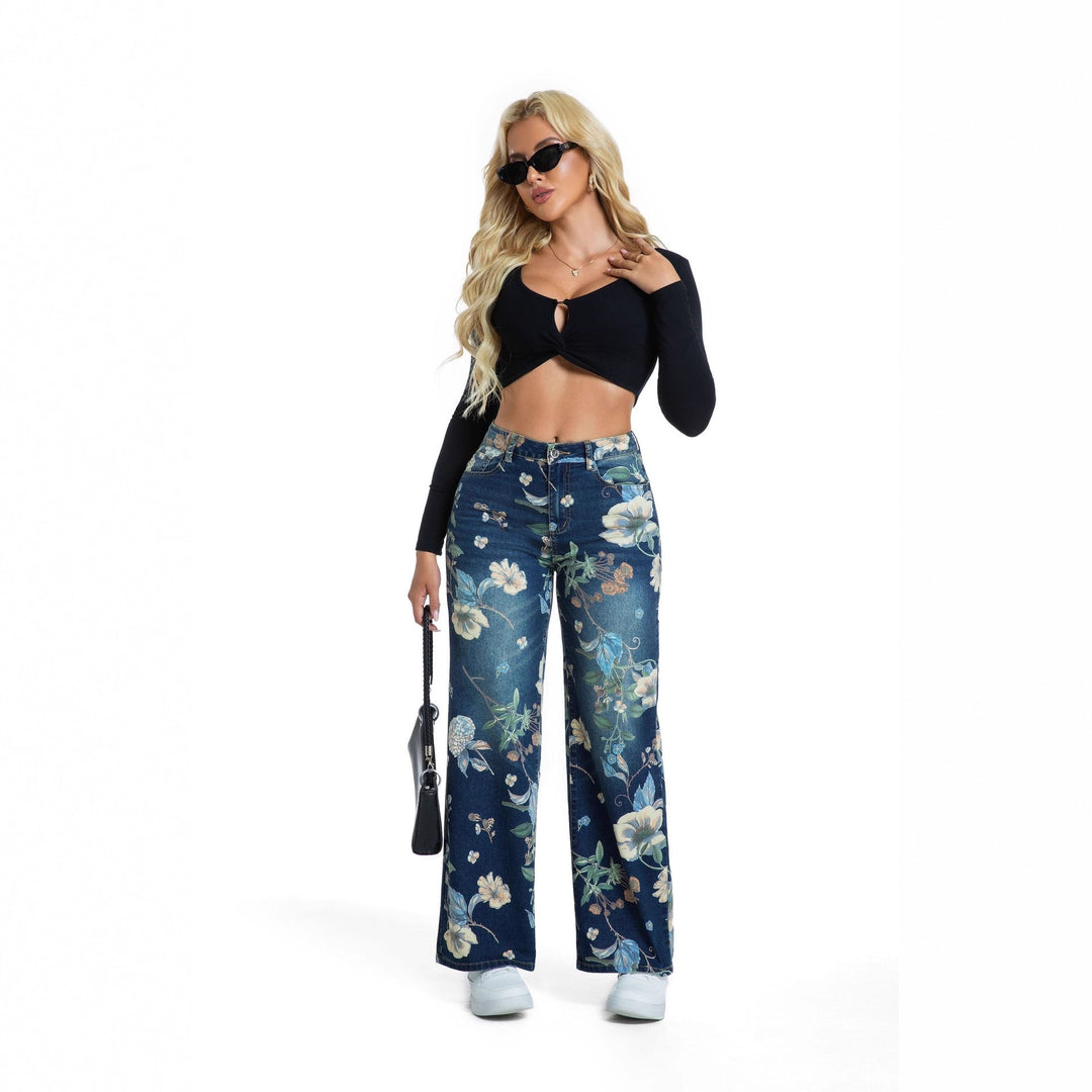 Wide jeans for women with floral design and high waist Lune London