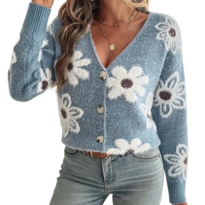 Trendy women's cardigan with floral appliqués Lune London