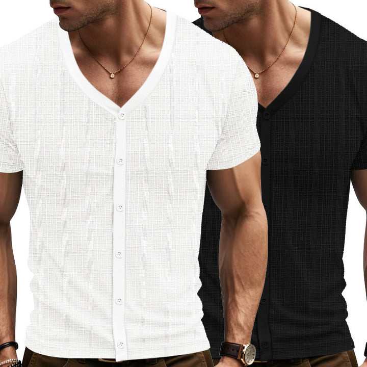 Men's Short Sleeve Henley T-Shirt with Textured Design and Fashionable V-Neck Lune London