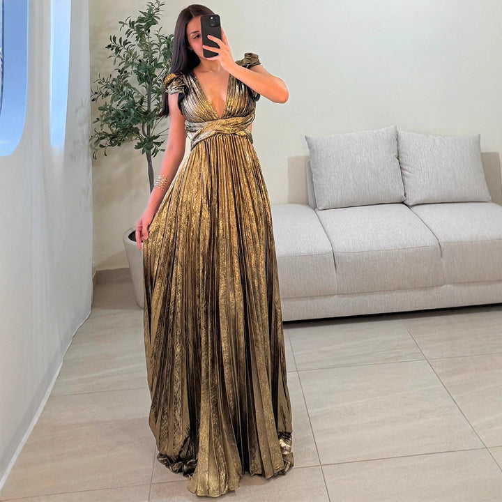 Elegant Women's Maxi Dress with Deep V Neckline and Chic Ruffle Details