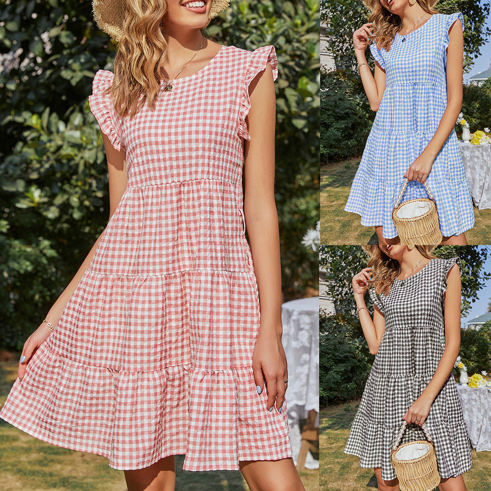 Robe à carreaux sans manches pour femmes avec jupe évasée Chic & Stil