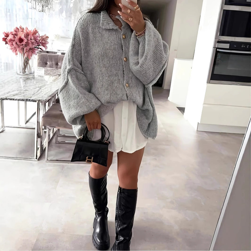 Oversized knit jacket for women with elegant puff sleeves and a chic button placket