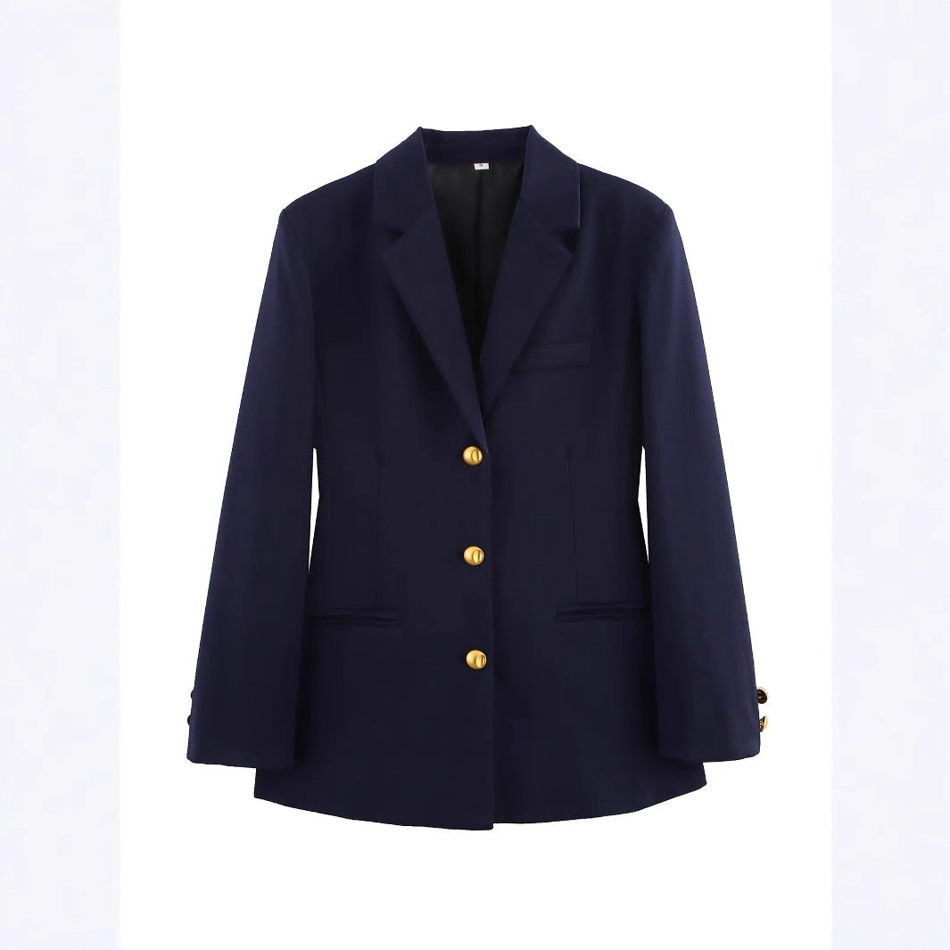 Elegant checked blazer jacket for women with gold buttons Lune London