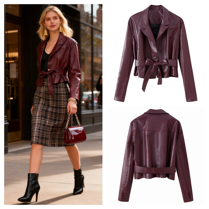 Blazer en cuir synthétique pour femme avec coupe ajustée et ceinture à nouer élégante Chic & Stil