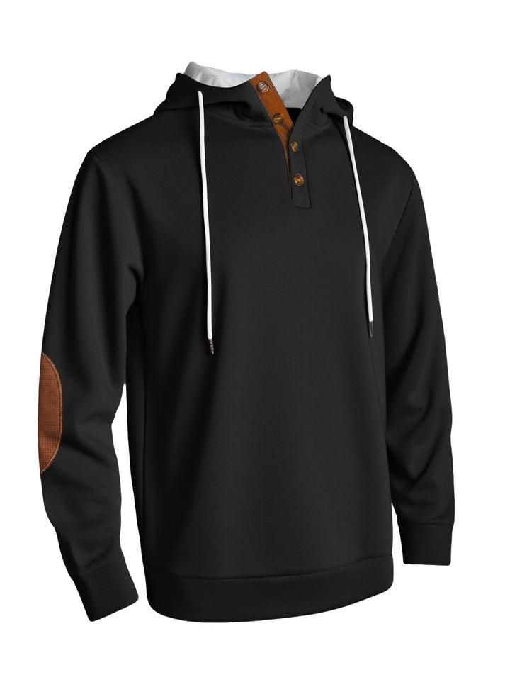 Hooded man with modern design of button placket and elbow patches Lune London