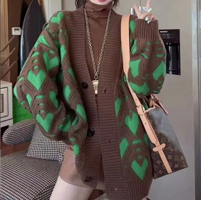 Knit jacket for women with a unique heart pattern and voluminous sleeves Lune London